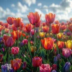 Fototapeta premium Serene Beauty: Vibrant Tulip Field on a Sunny Day in Realistic 8K HD Detail