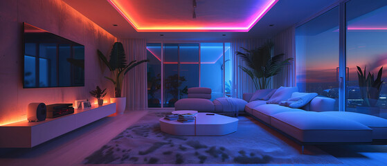 Futuristic minimalist living space with neon lighting and luxury decor