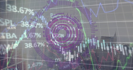 Image of financial data processing over cityscape