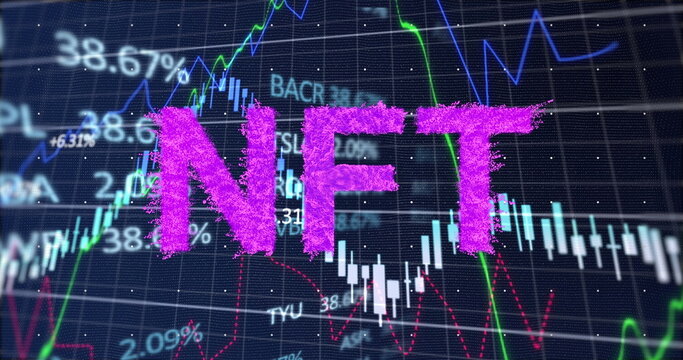 Image of nft text and financial data processing over dark background - Powered by Adobe