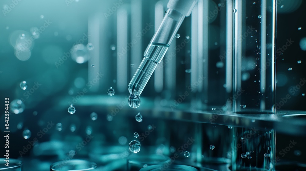 Poster an image portraying an automated pipettor dispensing a liquid drop among test tubes with a bokeh eff