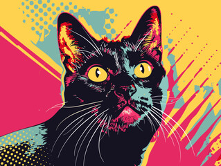 Black Cat Pop Art Vector Flat Illustration