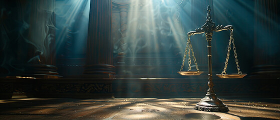 Fototapeta premium Gavel and scales of justice in a dramatic lighting setup