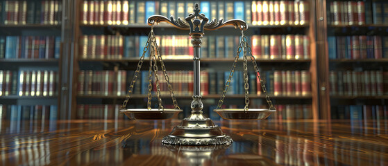 Gavel and scales of justice in front of a law library