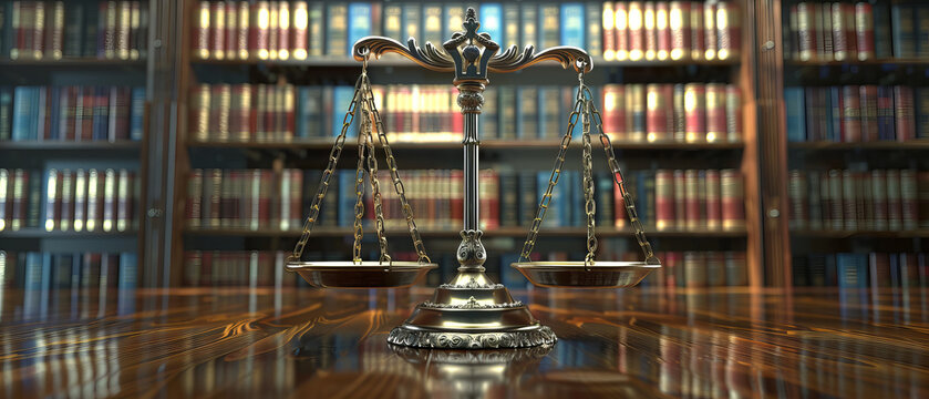 Gavel and scales of justice in front of a law library