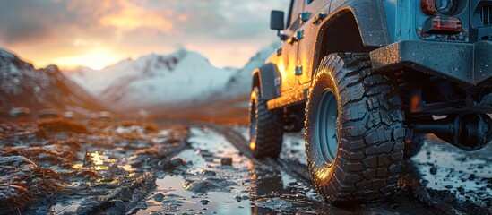 close up of offroad wheels on Travel concept by car against sunset and mountains