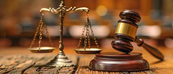 Gavel and scales of justice on a wooden table in a courtroom
