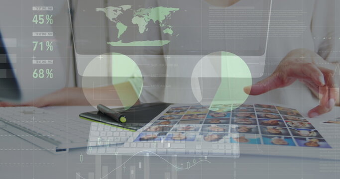 Image of infographic interface over camera and biracial woman checking profile pictures - Powered by Adobe