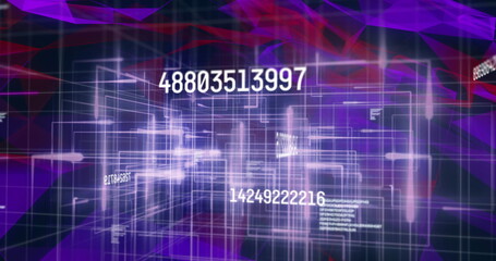 Image of numbers and data processing over purple and red network of connections