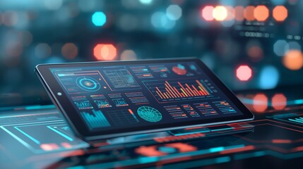 The image showcases an advanced digital tablet with interactive holographic projections, possibly used for data analysis or virtual control