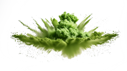A yellow-green explosion smoke of holi paint color powder isolated on transparent or white background