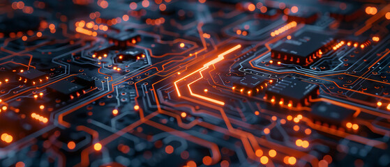 Fototapeta premium Glowing digital pathways on a circuit board closeup