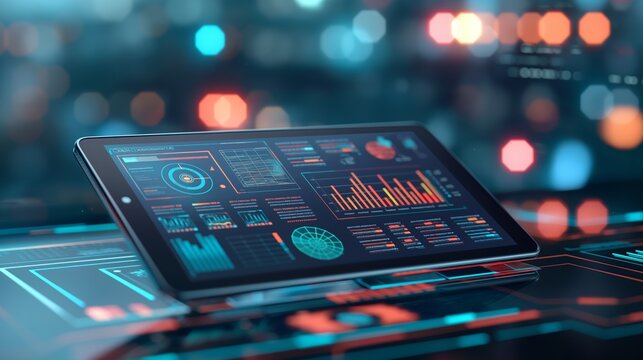 The image showcases an advanced digital tablet with interactive holographic projections, possibly used for data analysis or virtual control