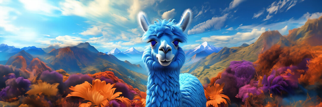 Llama, llama in panoramic view, space for text.