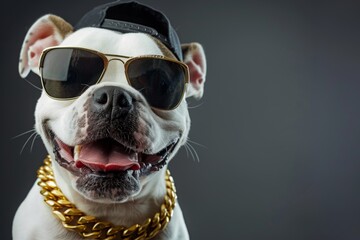 Hip hop dog in stylish attire posing on dark background for humorous animal banner design