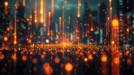 A cityscape at night with orange lights and blurred vertical lines representing data points, symbolizing the concept of big data in business analytics