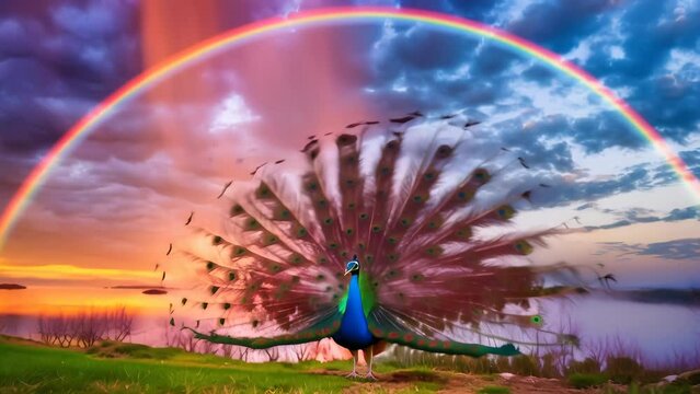 A peacock with its feathers fully open stands gracefully under a vibrant rainbow. The lush green landscape and dramatic sky enhance the peacock's vivid colors. 