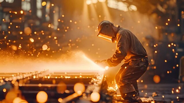 An intense scene of a foundry worker in protective gear,
