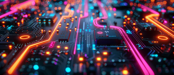 Highresolution closeup of digital circuit board with colorful glowing pathways
