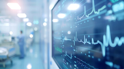 Obraz premium Close-up of a medical monitor displaying vital signs, set against a clean, modern hospital environment, representing advanced technology and patient monitoring