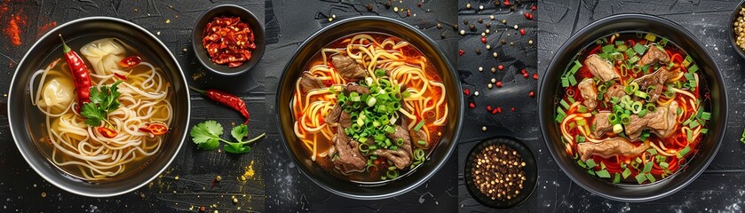 Top view collage of Chinese noodle soups, featuring beef noodle soup, wonton noodle soup, and spicy Szechuan noodle soup