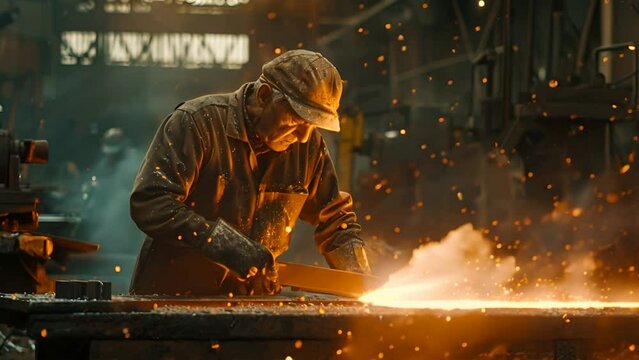 A powerful image capturing a focused steelworker laboring in a foundry