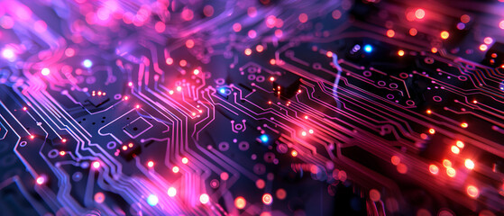 High closeup of vibrant digital circuit board pathways
