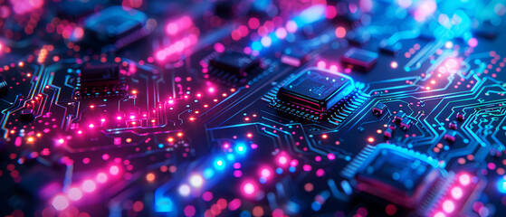Fototapeta premium Hightech circuit board closeup with vibrant blue, green, and purple pathways