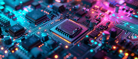 Hightech circuit board with blue, green, and purple glowing components