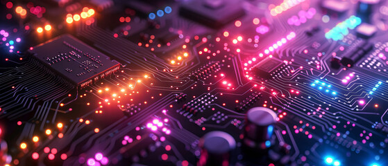 Hightech digital circuit board closeup with vibrant lights