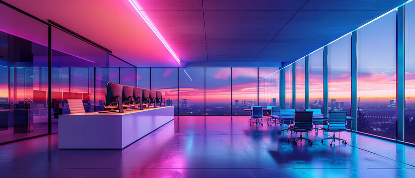 Hightech office space with neon accents and minimal luxury decor