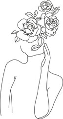 Female Body with Flowers One Line Vector Drawing. Style Template with Female Floral Face. Woman Silhouette in Modern Minimalist Simple Linear Style for Beauty and Fashion Design