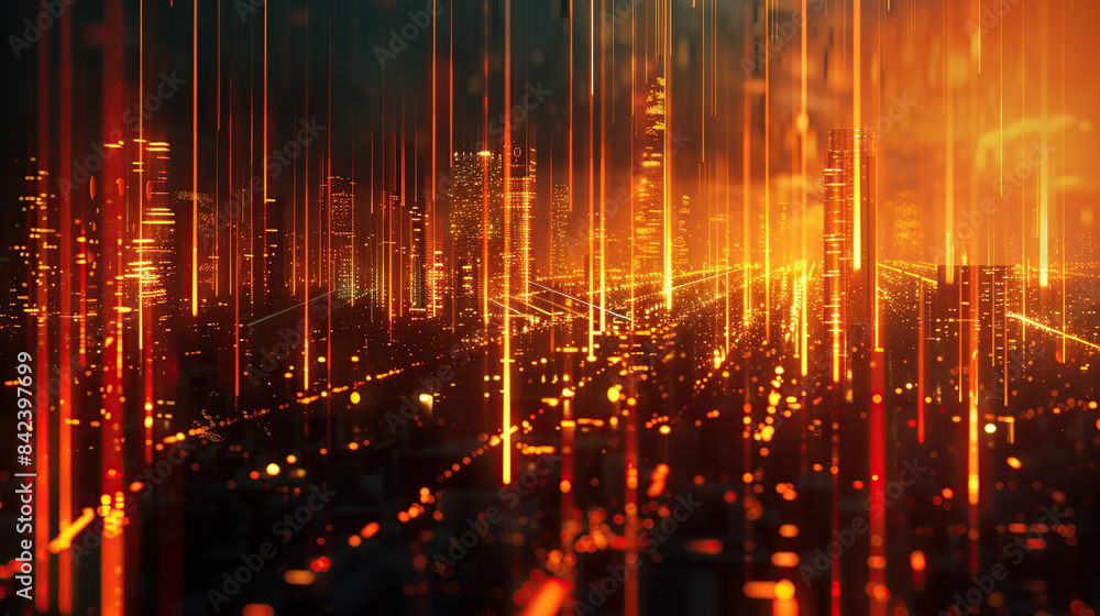 Poster a cityscape at night with orange lights and blurred vertical lines representing data points, symboli