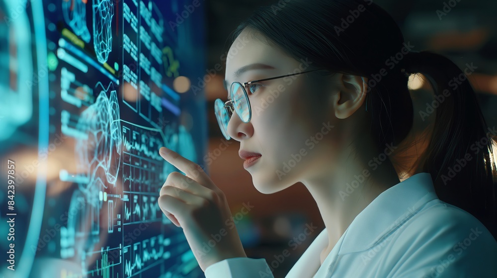 Poster despite blurred face, a scientist analyzes complex data on an interactive futuristic screen in the l