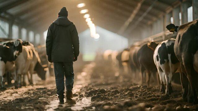 A farmer walks through a barn filled with dairy cows in the early morning light