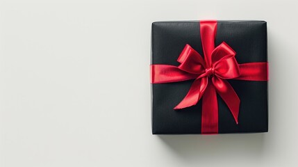 Black present box with red ribbon bow on white background view from above suitable for Christmas or New Year celebration