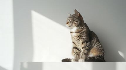 Cat sitting elegantly on a minimalist white surface, with clean lines and soft lighting to create a stylish and sophisticated look