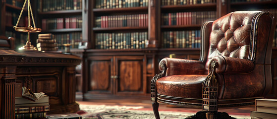 Judges chair and bench with legal books in the background