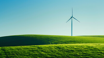 Fototapeta premium A wind turbine in a green field with a bright blue sky, symbolizing clean energy and environmental sustainability with a focus on simplicity and modern design