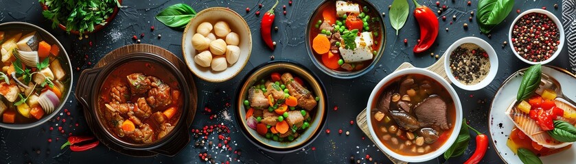 Top view collage of Icelandic dishes, including lamb soup, skyr, and fish stew, with a hearty and fresh display