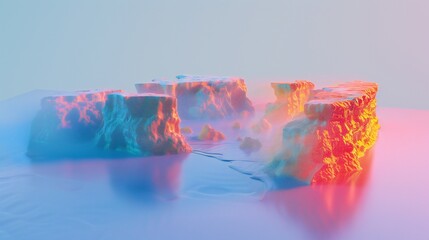 3D minimal landscape of a colorful canyon with layered rock formations and a clear blue sky.