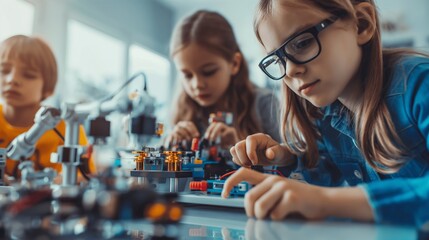 Children are actively participating in a robotics workshop, learning STEM concepts and teamwork