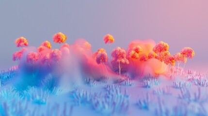 3D minimal landscape of a vibrant meadow with abstract flowers in a variety of bright colors.