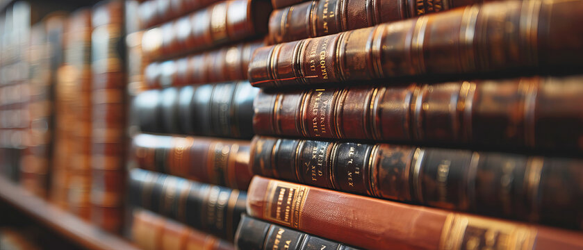 Legal books stacked neatly in a courtroom