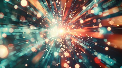 Fototapeta premium Vintage motion blur and glitch effects create an anamorphic lens flare against a background of lights