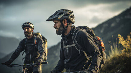Fototapeta premium Two men ride bicycles along a dirt road, surrounded by nature