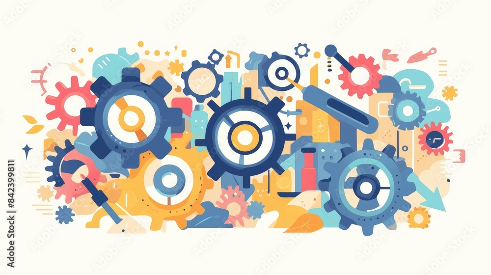 Poster the business concept is represented in gear symbols with a flat design style depicted in a raster fo