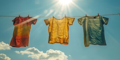 Three shirts drying on a clothesline with sunlight in the background, ideal for use in scenes about daily life or outdoor settings