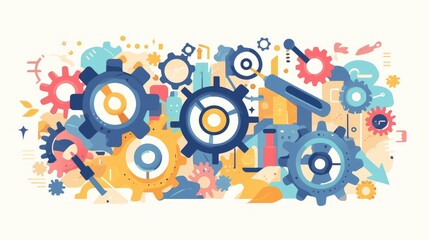 The business concept is represented in gear symbols with a flat design style depicted in a raster format