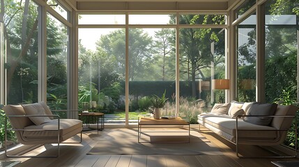 Fototapeta premium A sunroom with a modern minimalist design, featuring sleek furniture, neutral tones, and large windows offering a view of the garden